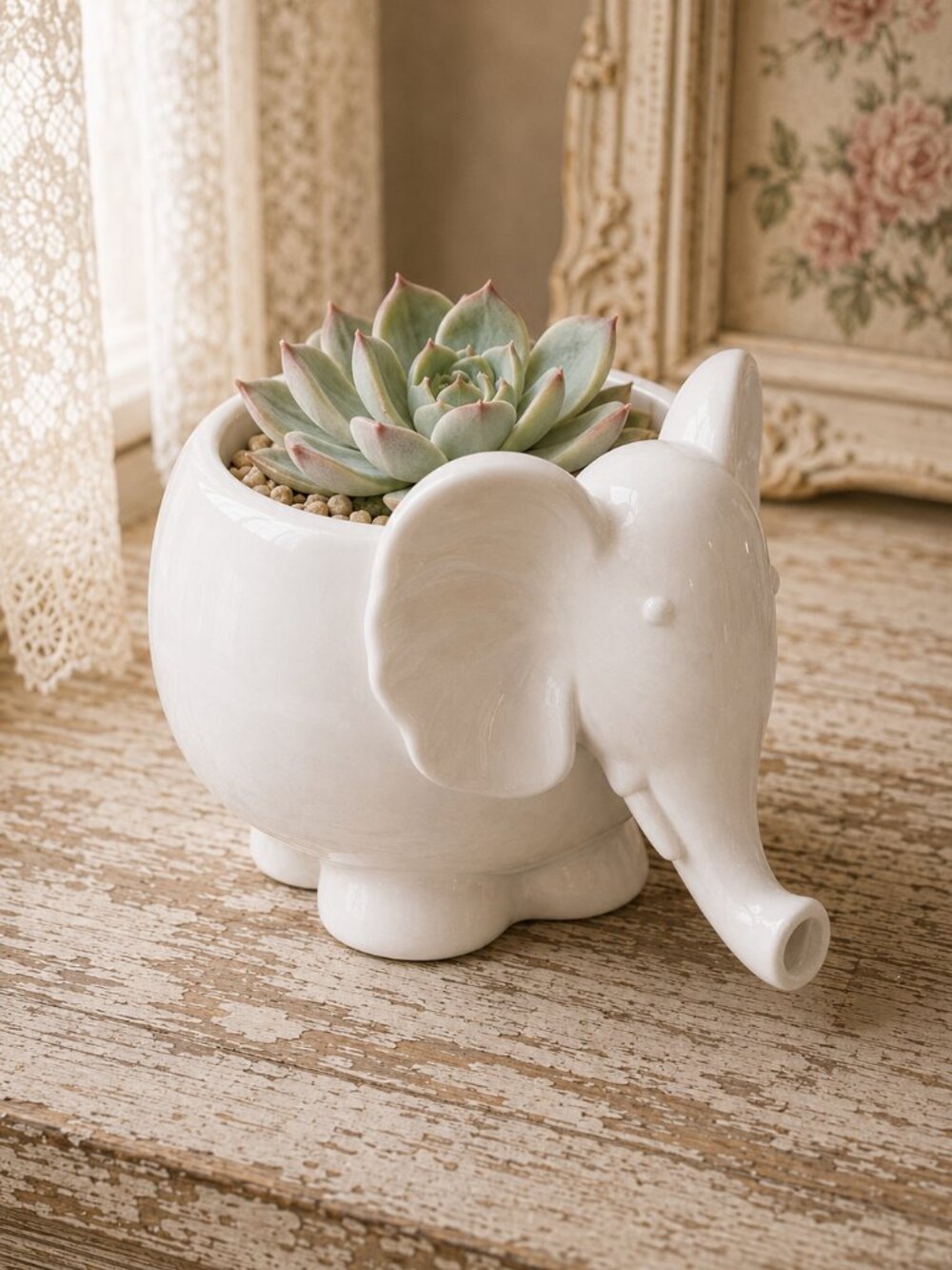 Vintage Elephant Flower Succulent Cactus Planter Tea Napkin Matches Holder